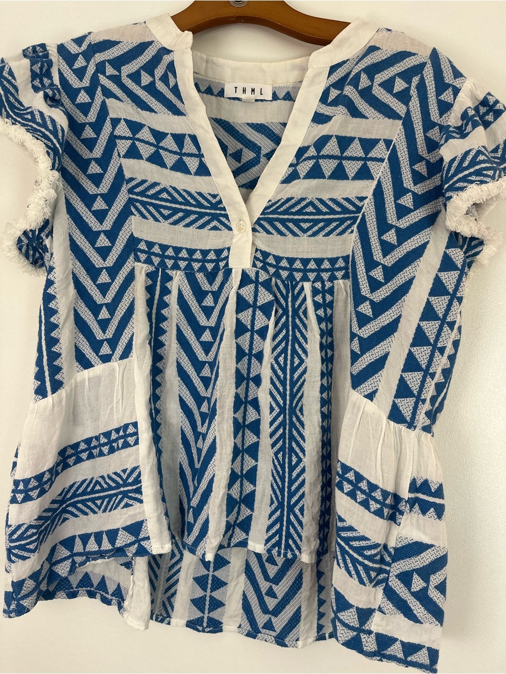 THML Blue and White Geometric V-Neck Tunic